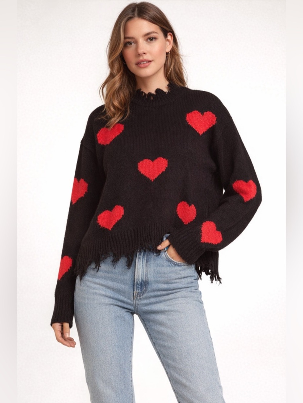 Distressed Black Knit Heart Sweater – Size Medium